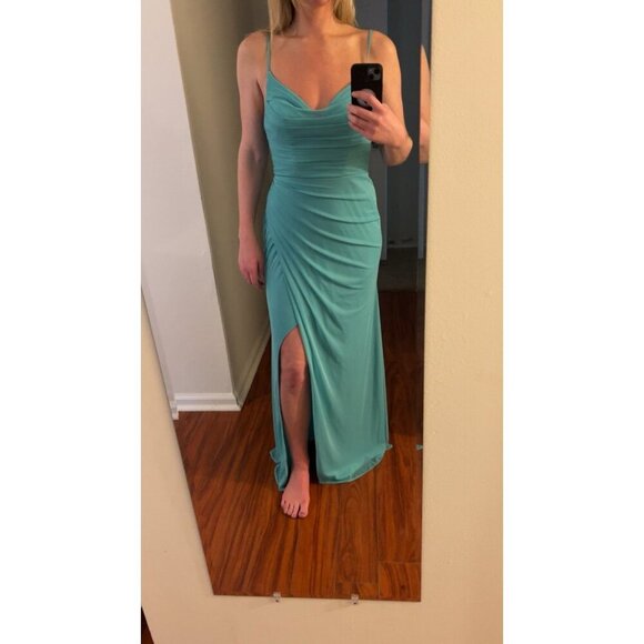 Azazie Women's Jade Blue Maxi Bridesmaid Slit Sleeveless Dress Size 6 - Picture 5 of 7